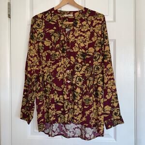 Soft Surroundings Button Up Top sz Medium Floral Wine Red Relaxed Office Career